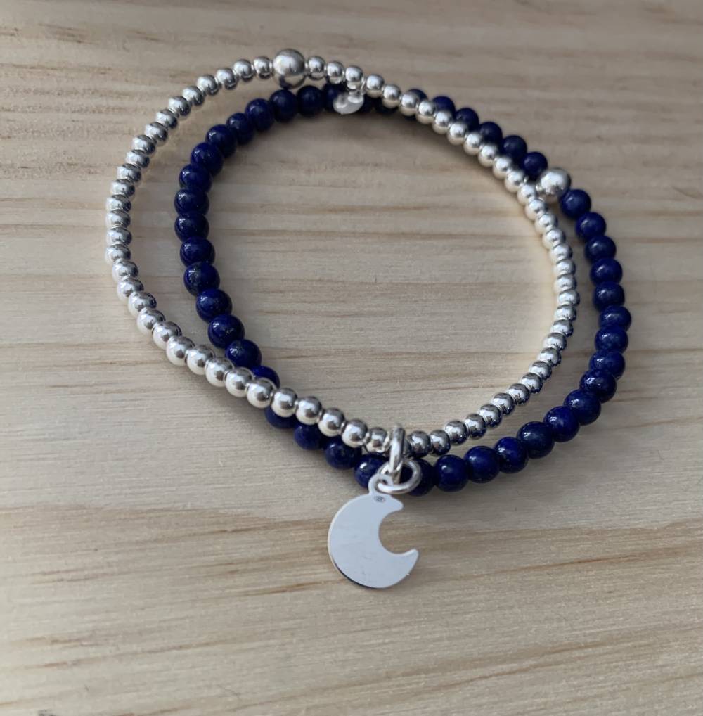 Bracelet perles naturelles, perles 3mm & lune plate - 58€