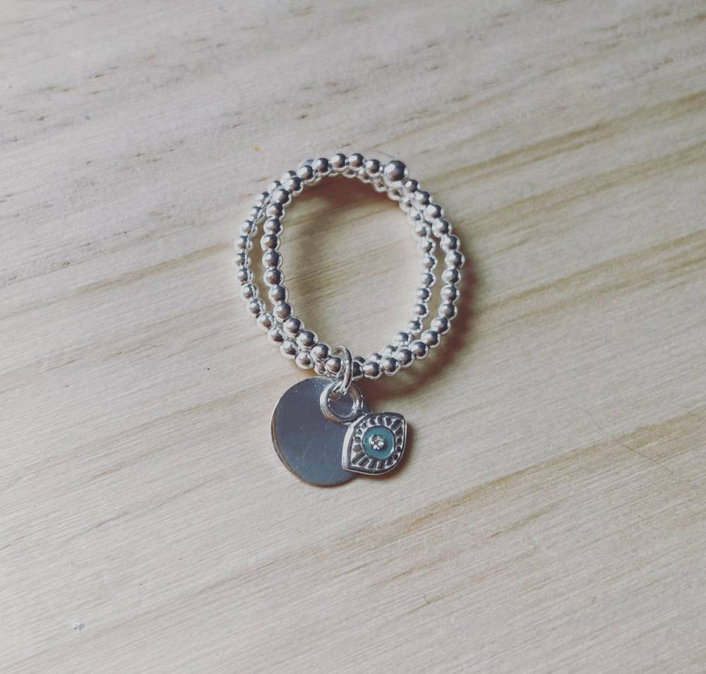 Bague 2 rangs de perles 2mm & médaille 1,5cm : coeur